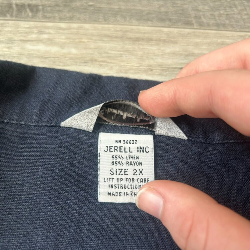 Vintage Stonebridge Linen Blend Navy Embroidered Button Down Size 2X H7 - Picture 3 of 6